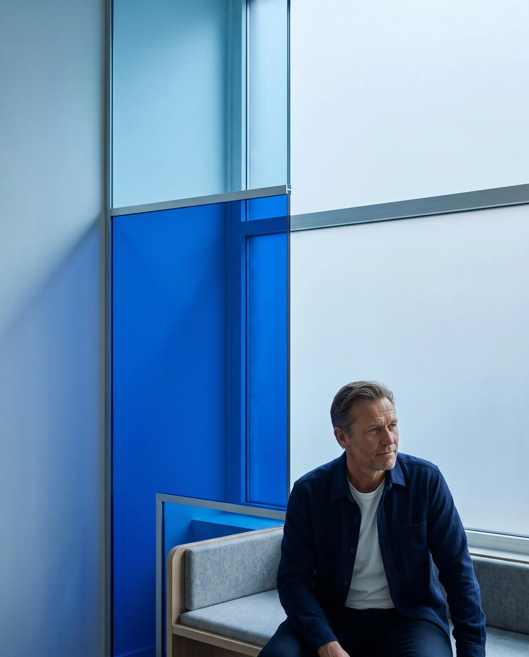 Mature man seated in a modern blue clinic interior at Aker Brygge.