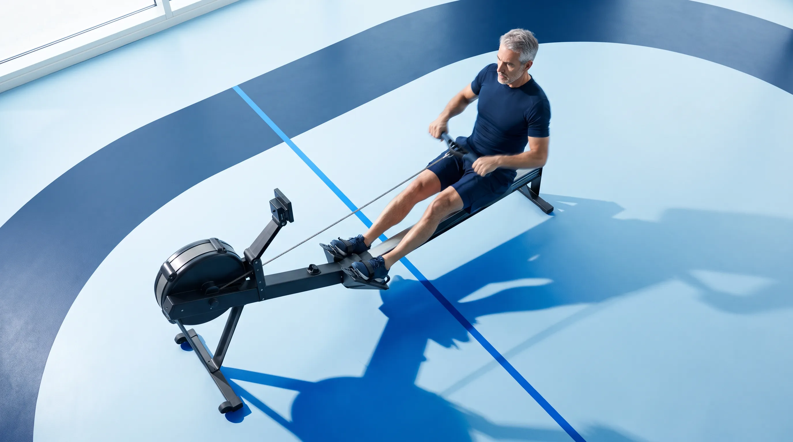 Mature man training on a rowing machine across a graphic blue floor.